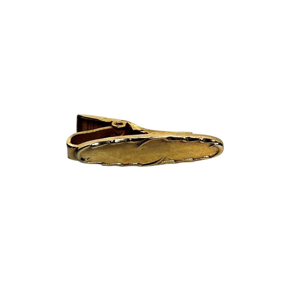 Gold Tone Oval Cufflinks And Tie Bar Set W/ Elegant Etched Border Design (1983) - Picture 3 of 4
